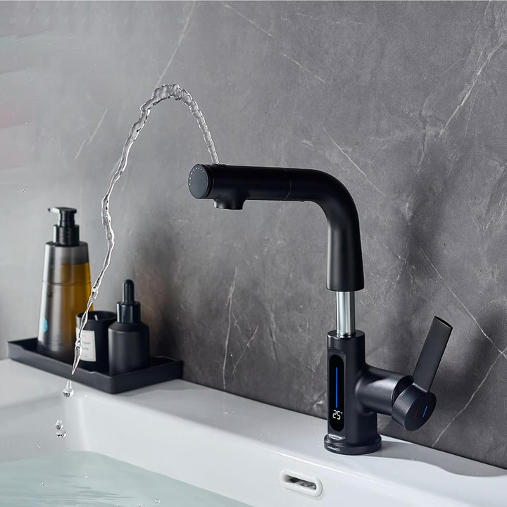 Waschtischarmatur mit LED Temperaturanzeige Ausziehbar Wasserhahn Bad,Einhebelmischer Badarmatur Was