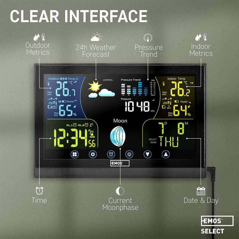 Emos Wetterstation Funk mit Aussensensor, Touchscreen und Farbdisplay, DCF Empfangssignal Funkuhr -