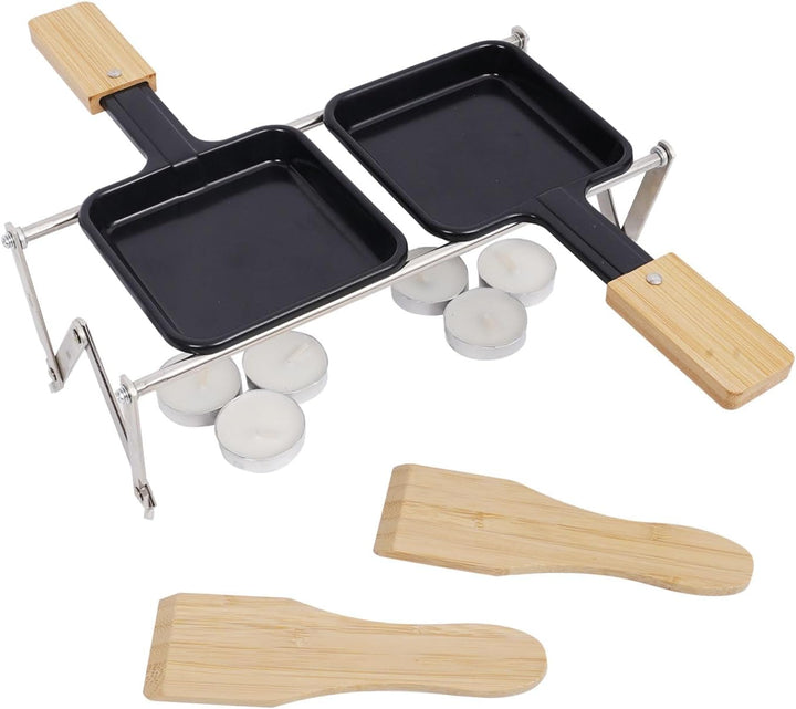 Tragbares Mini Raclette Set für 2 Personen, 2 Antihaft Pfännchen mit Bambusgriff, 2 Bambusspatel, Kl