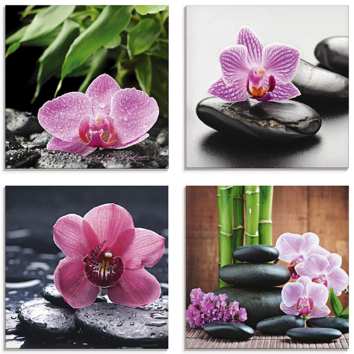 ARTland Glasbilder Wandbild Glas Bild Set 4 teilig je 30x30 cm Quadratisch Asien Wellness Zen Pflanz