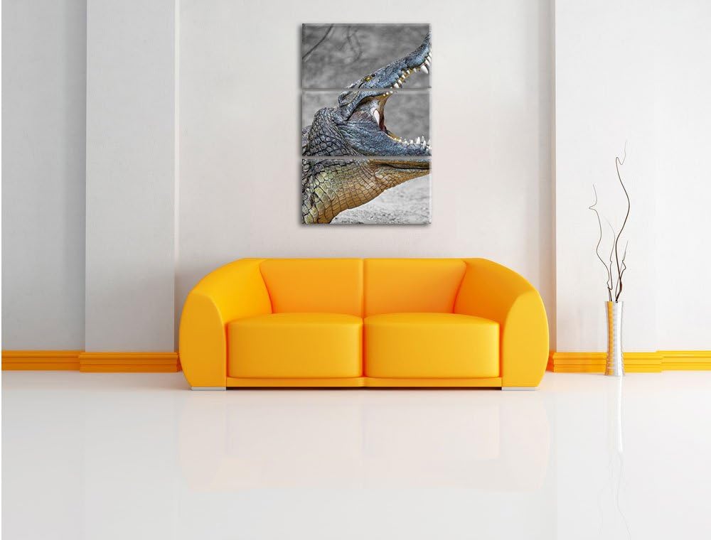 Pixxprint Krokodil mit aufgerissenen Maul als Leinwandbild/Grösse: 3 Teilig (120x80) cm/Wandbild/Kun