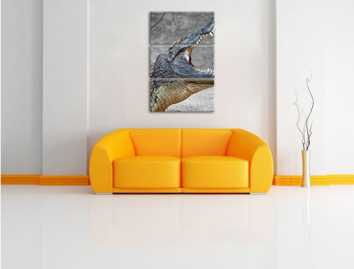 Pixxprint Krokodil mit aufgerissenen Maul als Leinwandbild/Grösse: 3 Teilig (120x80) cm/Wandbild/Kun