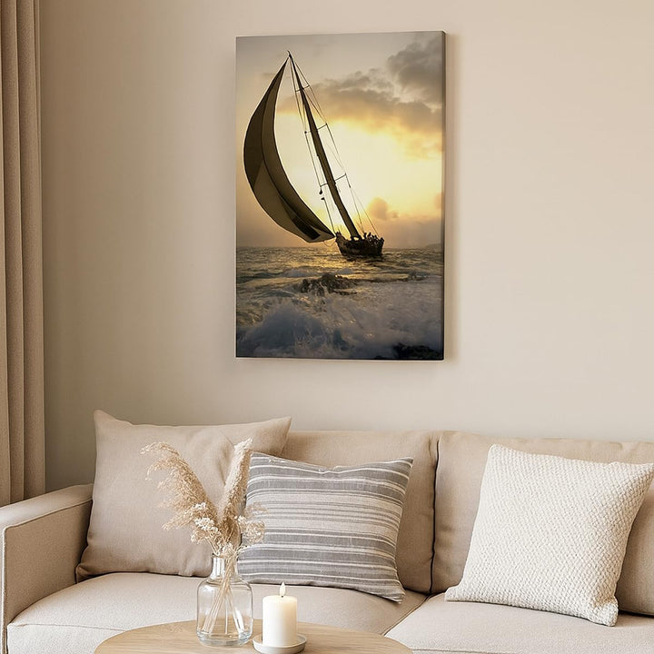 Bilder auf Leinwand 55x100cm Leinwandbild mit Rahmen Schiff Sonnenuntergang Sonne Landschaft Gross W