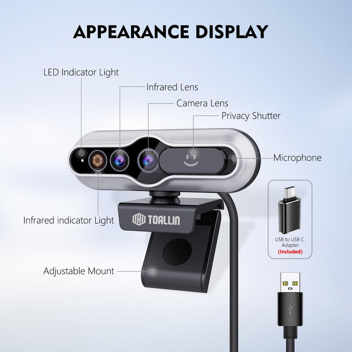 TOALLIN 2K QHD-Webcam mit Windows Hello, Gesichtserkennungs-Webcam, 5 Millionen Pixel, Computerkamer