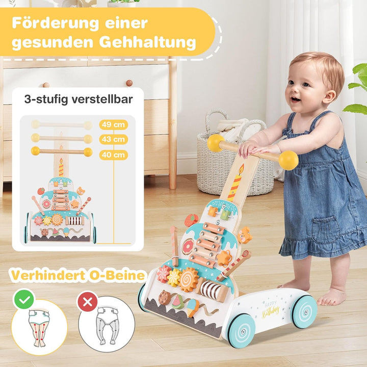 GOPLUS Lauflernwagen Holz, höhenverstellbarer Baby Lauflernhilfe, Baby Walker mit Xylofon &amp; Rutschbl