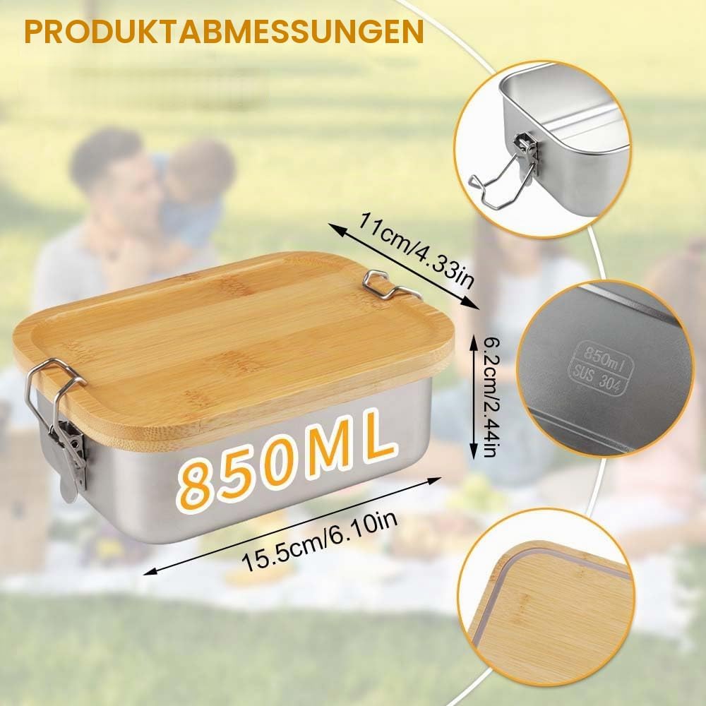 Bento Lunchbox Für Erwachsene/Kinder Edelstahl Brotdose Und Lunchbox Metalldose Mit Holzdeckel Jause