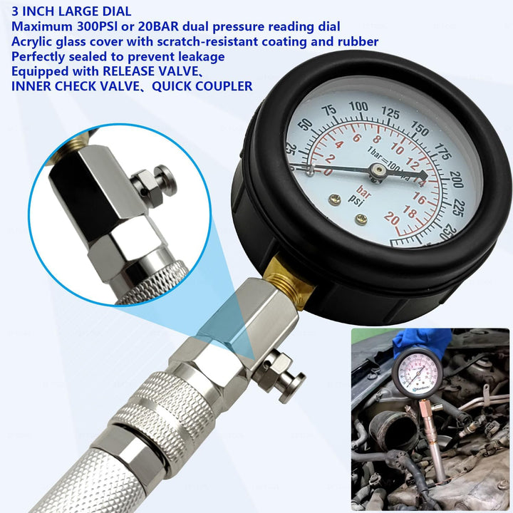 ZKTOOL 11 Stück Auto Kompressionstester-Satz für Benzinmotor 0-300 PSI / 0-20 Bar, Kfz Benzin Motor