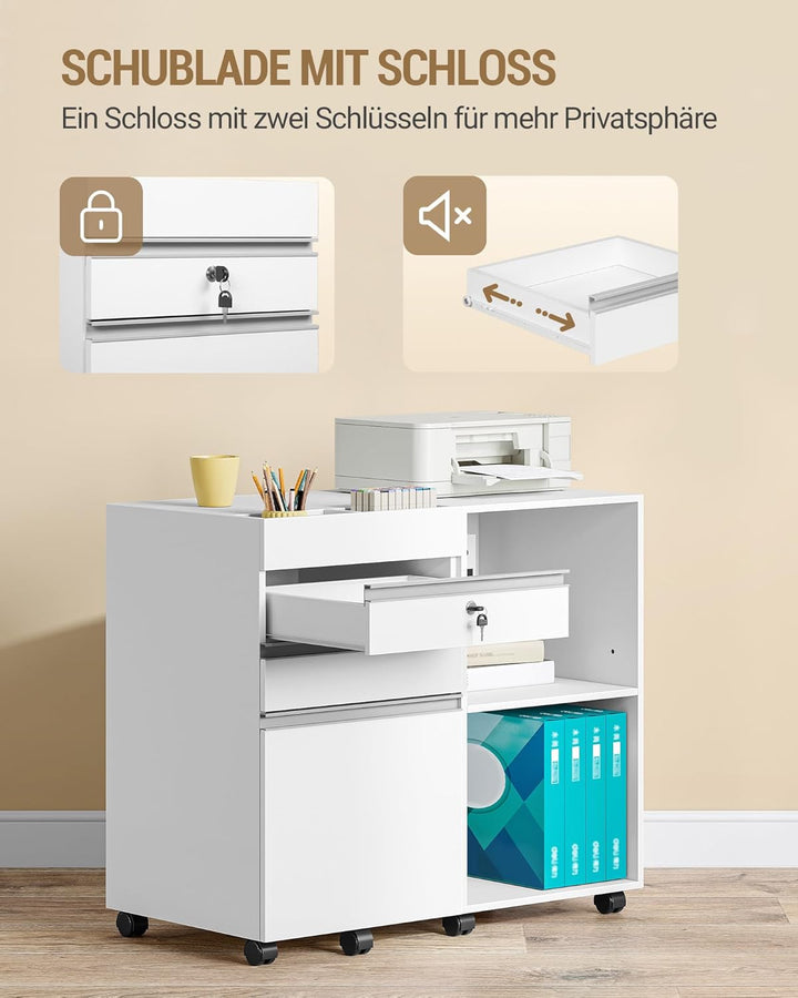 Hzuaneri Rollcontainer, mobiler Aktenschrank, Büroschrank mit 3 Schubladen, 2 offenen Fächern, Schub