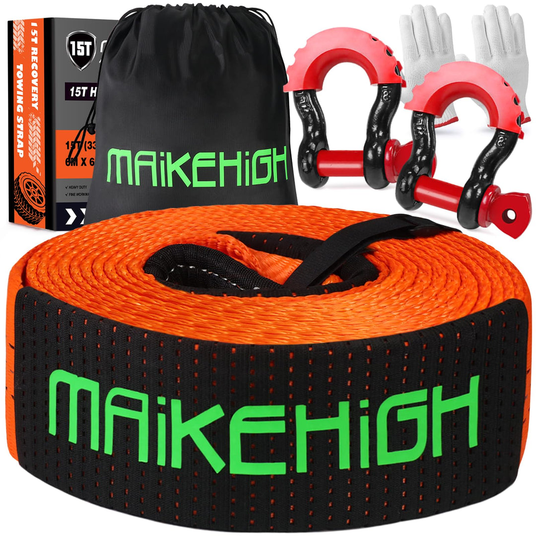 MAIKEHIGH Abschleppseil 15 Tonnen (33,700 Lbs), 6M x 6,7cm Abschleppgurt mit 2 Verbesserten Schäkeln
