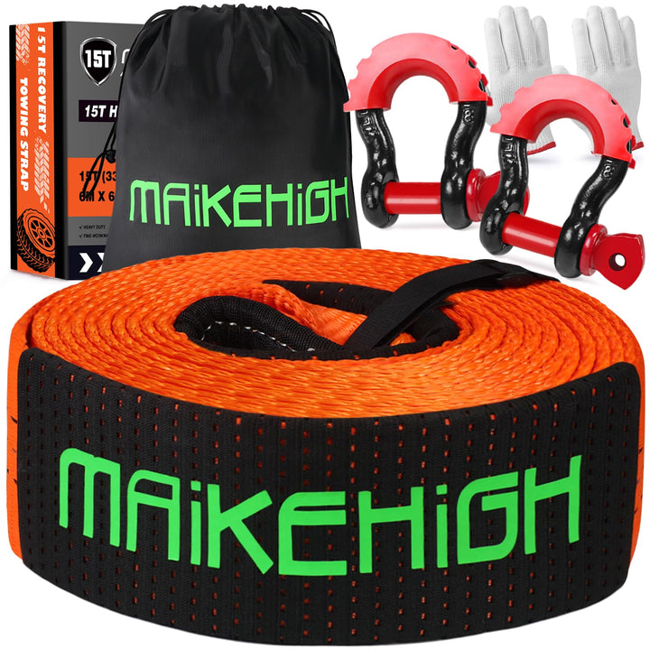 MAIKEHIGH Abschleppseil 15 Tonnen (33,700 Lbs), 6M x 6,7cm Abschleppgurt mit 2 Verbesserten Schäkeln