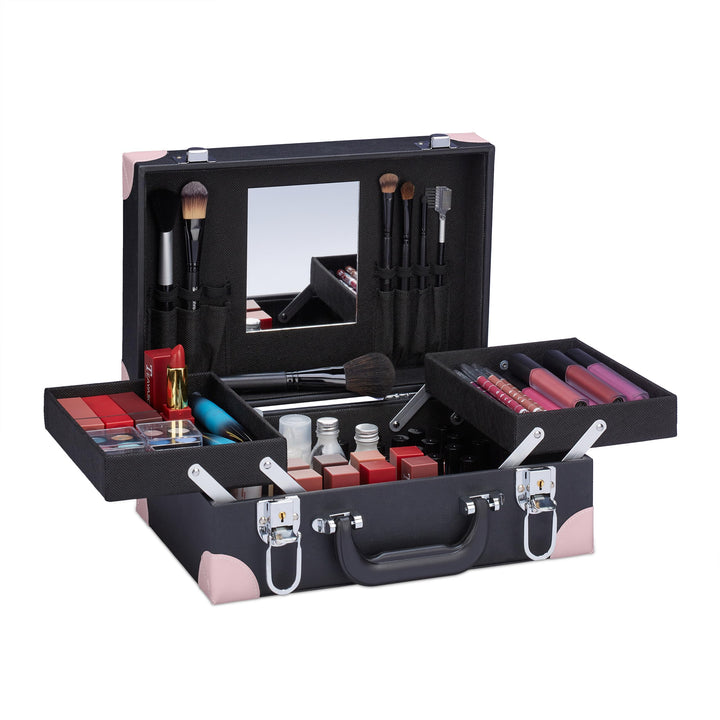 Relaxdays Kosmetikkoffer, für Make-Up, Nagellack, Schminkkoffer mit Spiegel, HBT: 12,5 x 31 x 23 cm,