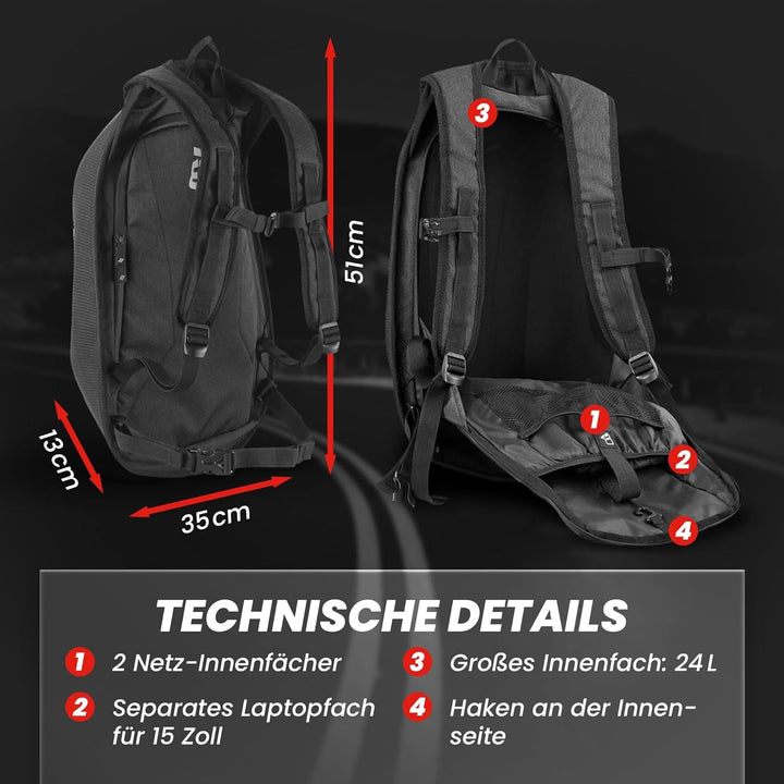 Bogotto Hump Race Carbon Look Motorrad Rucksack mit Hartschalenkonstruktion, Laptopfach 15 Zoll, 24