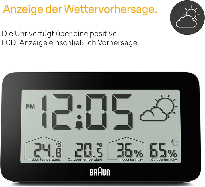 Digitale Braun-Wetterstationsuhr mit Anzeige von Innen- und Aussentemperatur sowie Luftfeuchtigkeit,