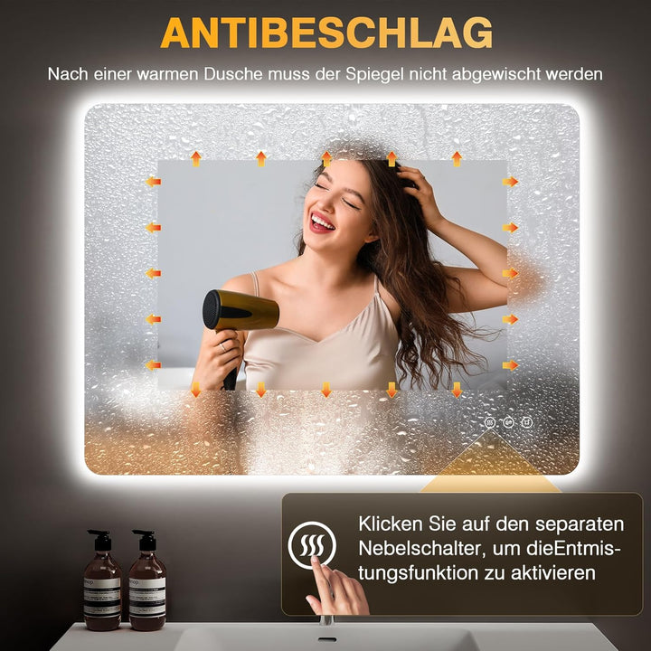 Badspiegel mit Beleuchtung 80x60cm, Led Spiegel Bad mit Antibeschlag, 3 Lichtfarben, Dimmbar, Speich