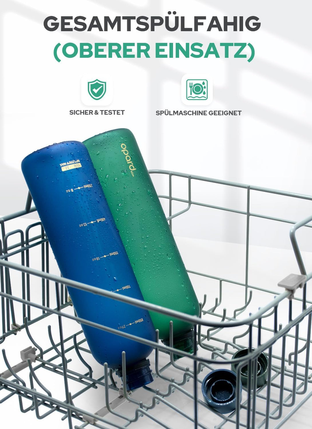 Opard Slim Trinkflasche 1l, Kohlensäure geeignet Wasserflasche, Water Bottle Spülmaschinenfest, BPA
