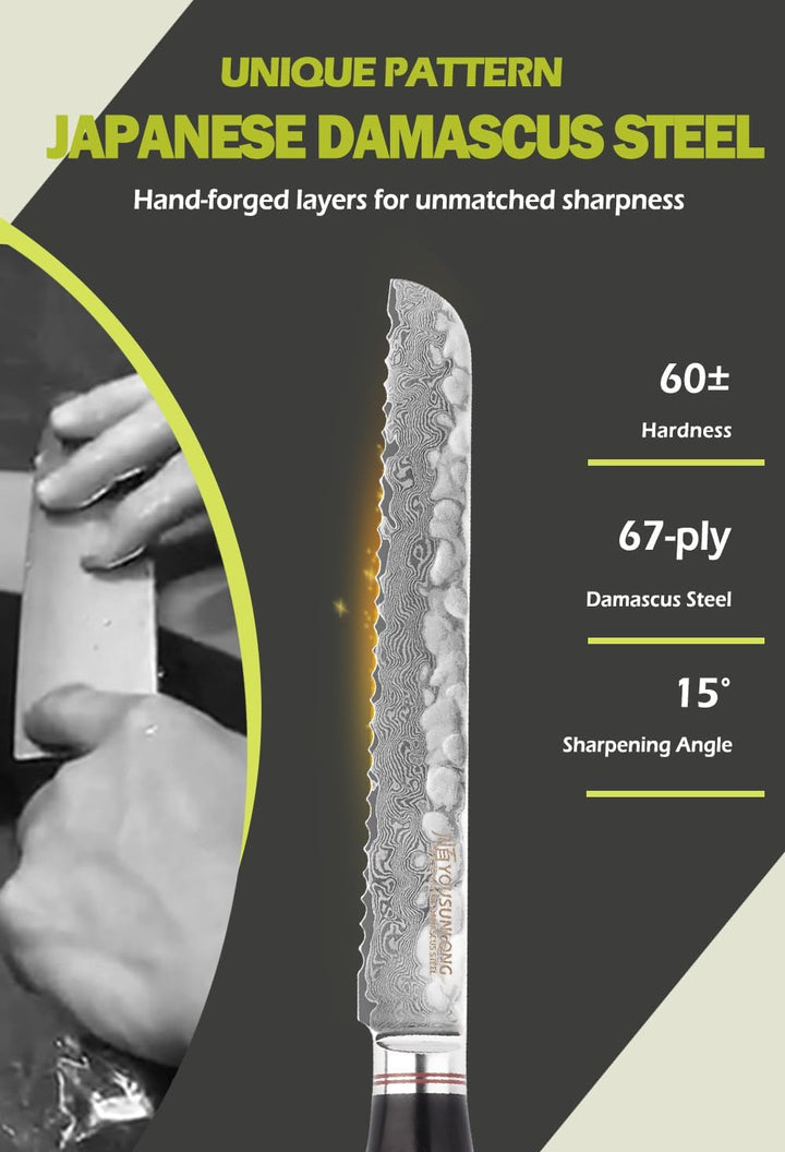 YOUSUNLONG Gezacktes Brotmesser - 20,3 cm (203 mm) - Feinkostmesser - japanischer gehämmerter Damast