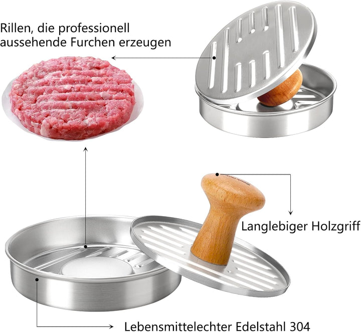Burgerpresse – Lebensmitteltaugliche Edelstahlpresse mit rutschfestem Holzgriff und 100 Antihaft-Pap