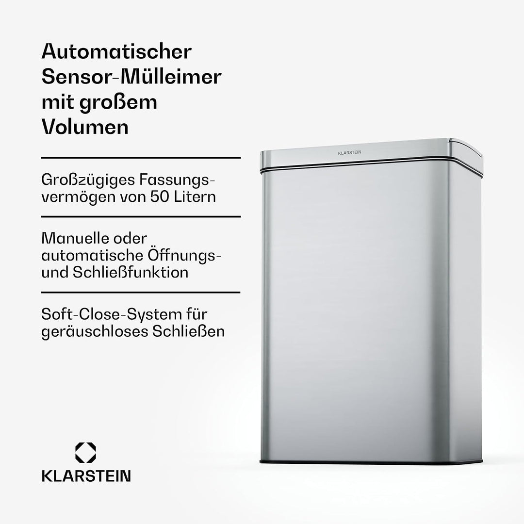 Klarstein Sensor-Mülleimer 50L - berührungslos &amp; hygienisch, Edelstahlgehäuse, Soft-Close-Deckel, id
