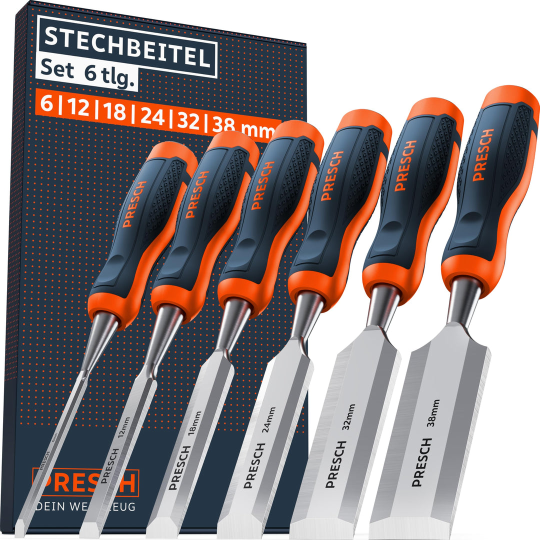 Presch Stechbeitel Set für Holz 6tlg. - Scharfes Stecheisen Set (6, 12, 18, 24, 32, 38mm) - Profi Be