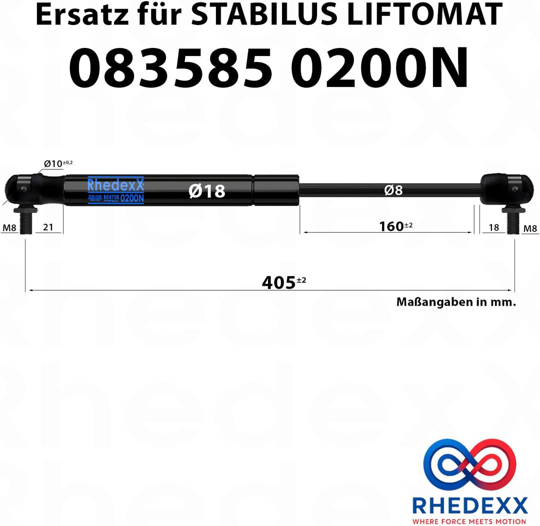 Ersatz für Stabilus Liftomat 083585 0200N RhedexX® Gasdruckfeder Winkelgelenk Gasdruckdämpfer mit M8