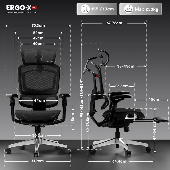 FLEXISPOT ErgoX Pro Ergonomischer Bürostuhl mit ausziehbarer Fussstütze, 12-stufiger Höhenverstellun