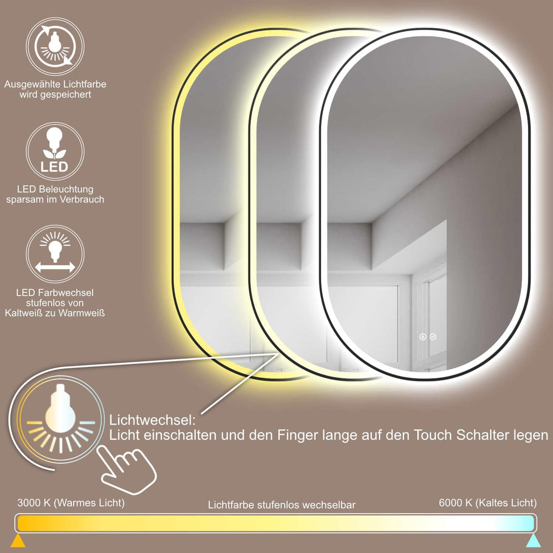 HOKO® LED Antibeschlag Badspiegel oval 45 x 75 cm. HOCH + QUER Montage. Design Badspiegel mit Licht