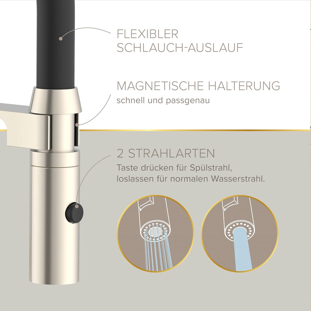 Lenz Küchenarmatur NALU in nickel-matt - flexible Geschirrbrause mit 2 Strahlarten - Zweistufige Was