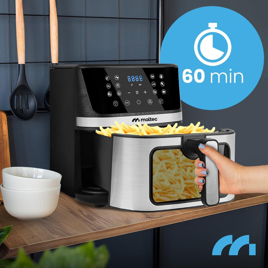 MalTec Heissluftfritteuse fettfrei AirFryer1800W-7L Gross Vorschaufenster 12 Programme Schwarz LED-T