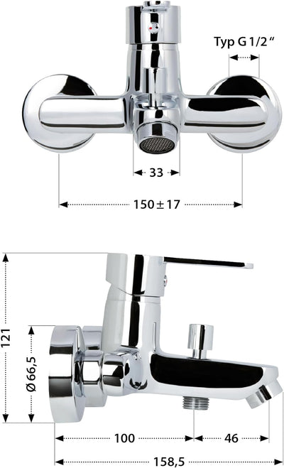 'aquaSu® Badewannenarmatur Jetmix Style, mit Typ 1/2 '' Brauseabgang unten und Umstell-Funktion, Ein