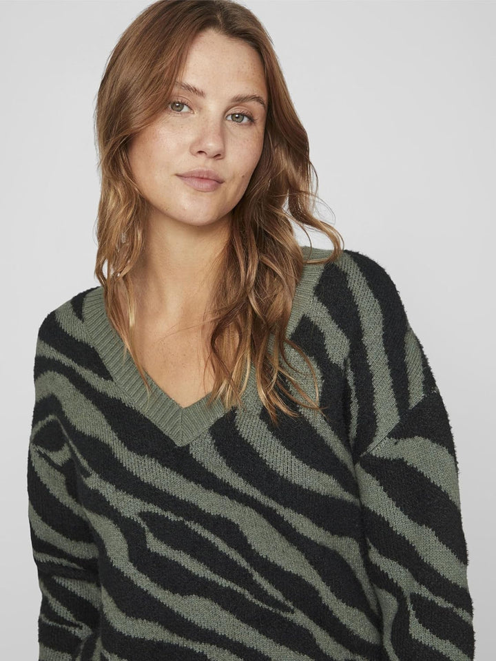 Vila Damen Viril Feami Mix V-Neck L/S Knit Top-noos Pullover XS Laurel Wreath/Pattern:with Black, XS