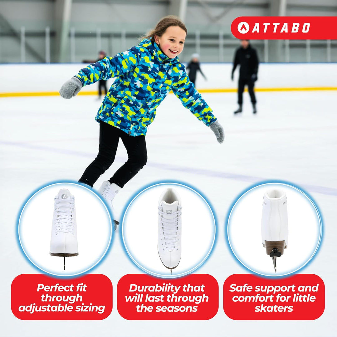ATTABO OLI Kinder Eiskunstlauf-Schlittschuhe, verstellbar, Weiss – Edelstahl-Figurkufe mit Toe Pick,