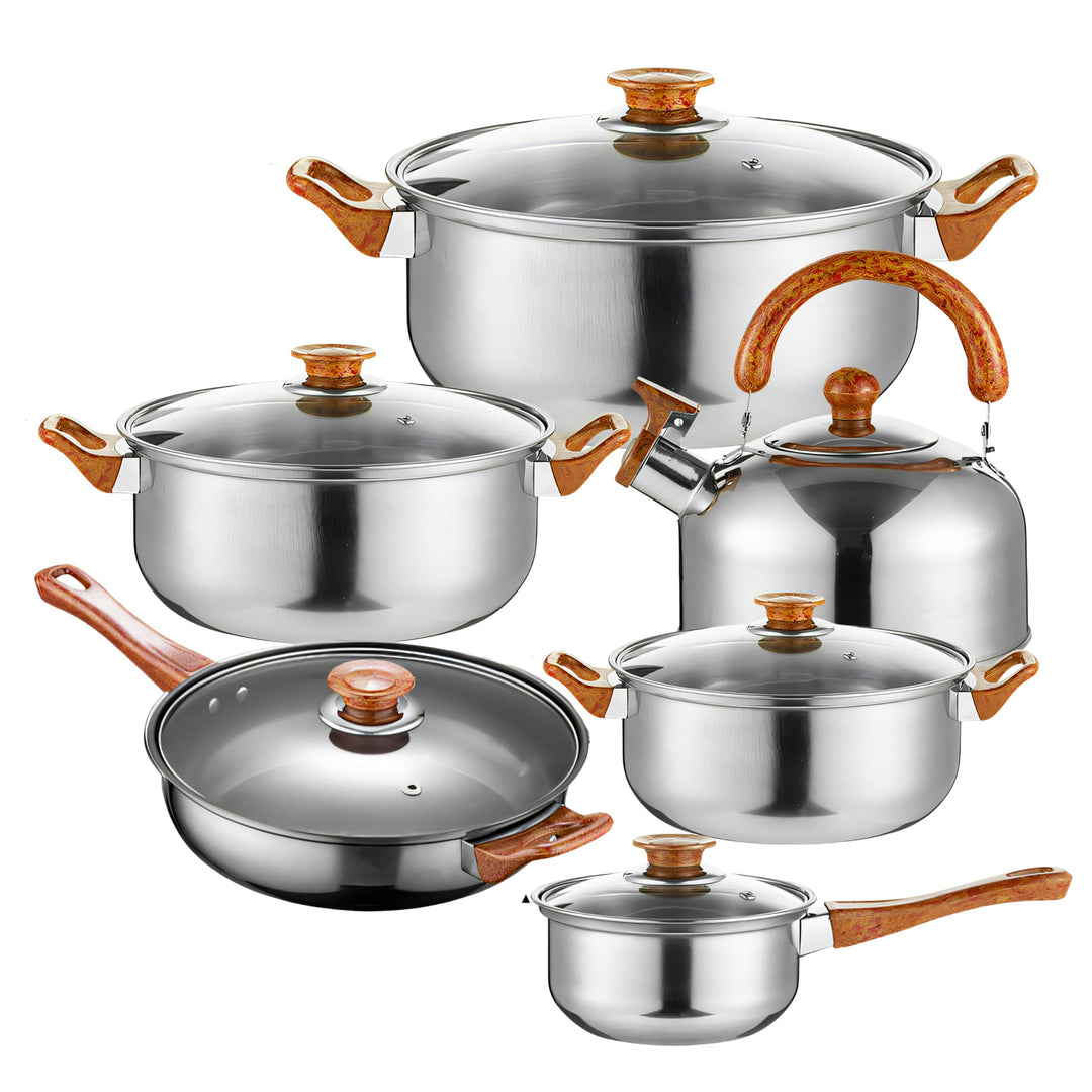 Retoo Topfset Edelstahl 12-teilig, Kochtopfset mit Glasdeckel & braunen Griffen, Töpfe Pfanne Wasser