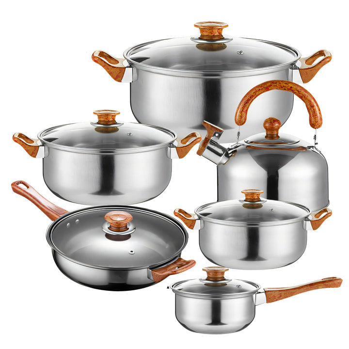 Retoo Topfset Edelstahl 12-teilig, Kochtopfset mit Glasdeckel & braunen Griffen, Töpfe Pfanne Wasser