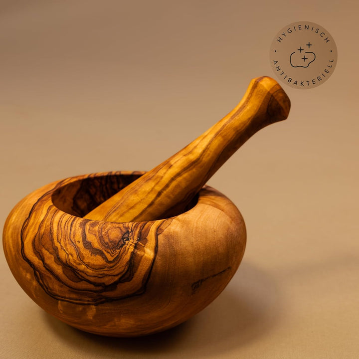 DAS OLIVENHOLZBRETT® Mörser und Stössel, Holzmörser Set mit Stoessel rund ca.14cm, 14cm