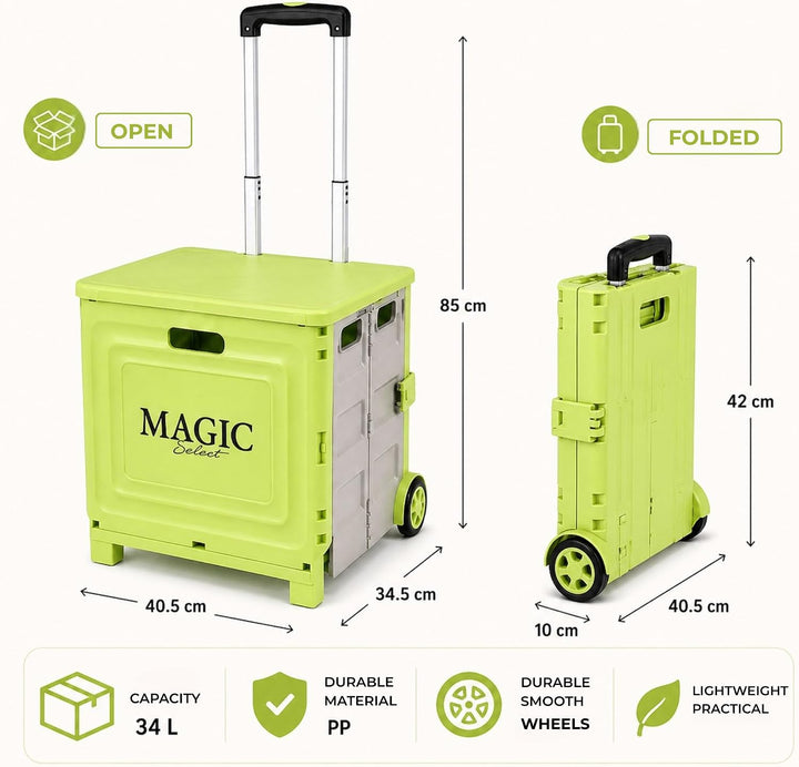 Faltbarer Einkaufstrolley 34 L | Klappbare Transportbox, Mit Rollen und Teleskopgriff, Für Supermark