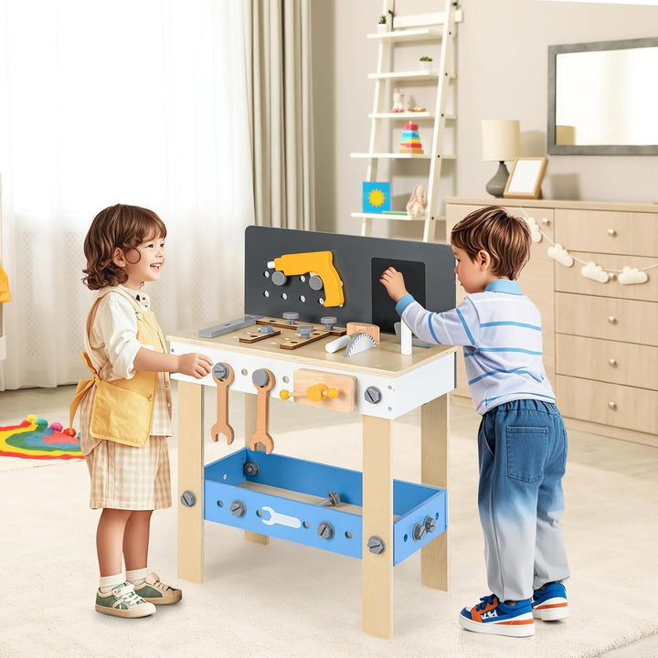 HOMASIS Werkzeugbank Kinder, Werkbank Spielwerkbank Holz, Werkstatt mit 50 TLG. Zubehör &amp; Tafel &amp; Ar