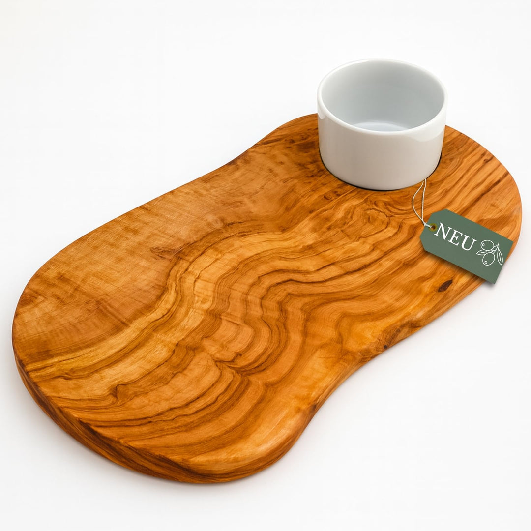 Olivenholzbrett inkl. Porzellanschale - rustikales Schneidebrett/Servierbrett mit Dipschälchen, Holz