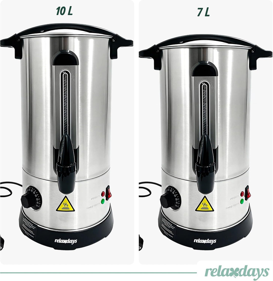 Relaxdays Glühweinkocher, 10 l, 30–110 °C, Zapfhahn, Thermostat, Silber | Füllstandsanzeige, Edelsta