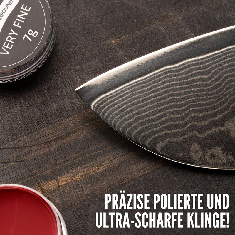 BACHER Premium Leder Streichriemen Abziehleder für Messer set mit 4 x 7g Polierpaste. Paddelgriff au