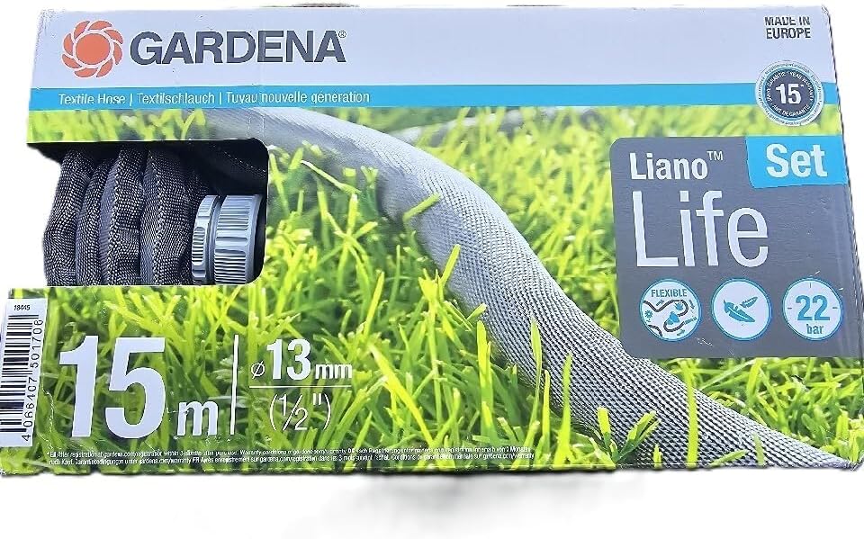 Gardena Liano Life Textilschlauch 1/2 Zoll, 15m Set: Hochflexibler Gartenschlauch aus Textilgewebe,