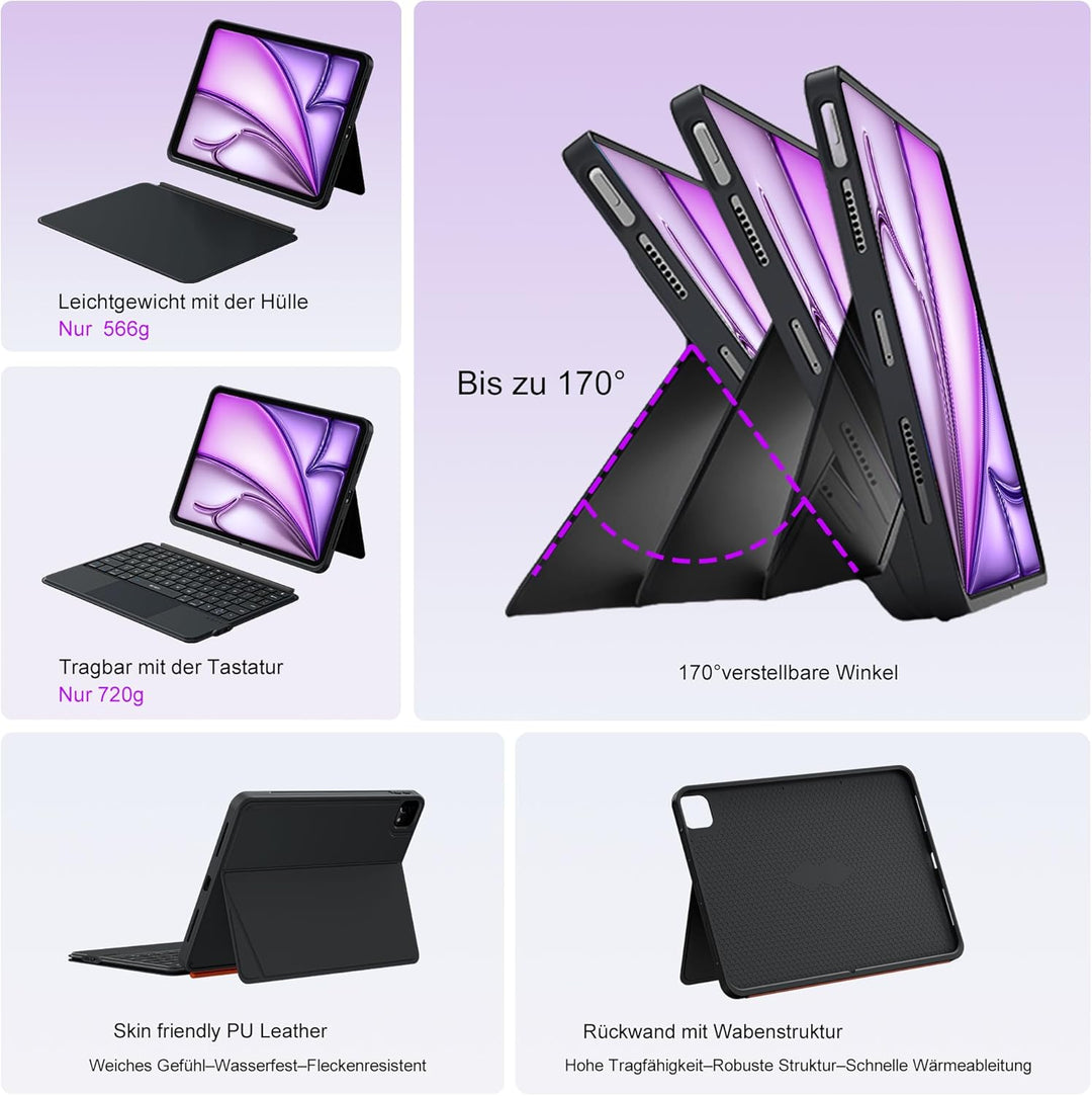 WIWU Hülle mit Tastatur iPad 13 12.9 Zoll 3 in 1 Magnetische Abnehmbare Tastaturhülle Ständer 7 Farb