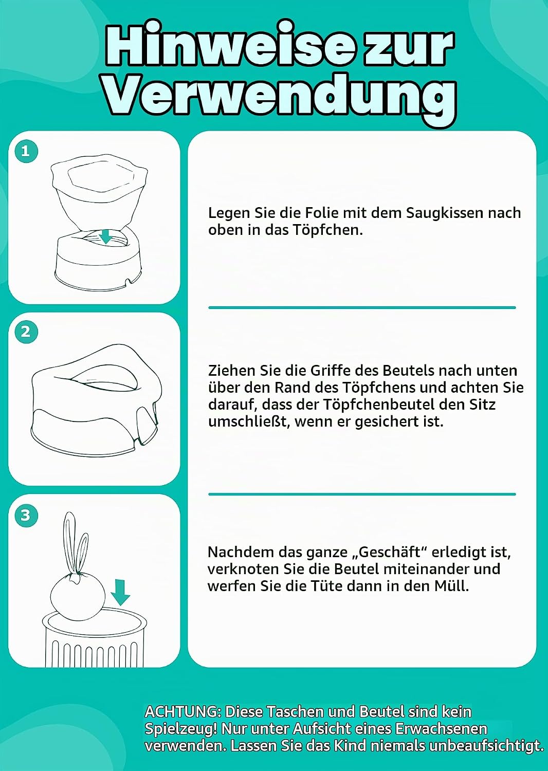 Newnice 60 Stück Einweg-Töpfchenbeutel für Kinder – Tragbare Liner mit saugfähigem 200ml Pad für unt