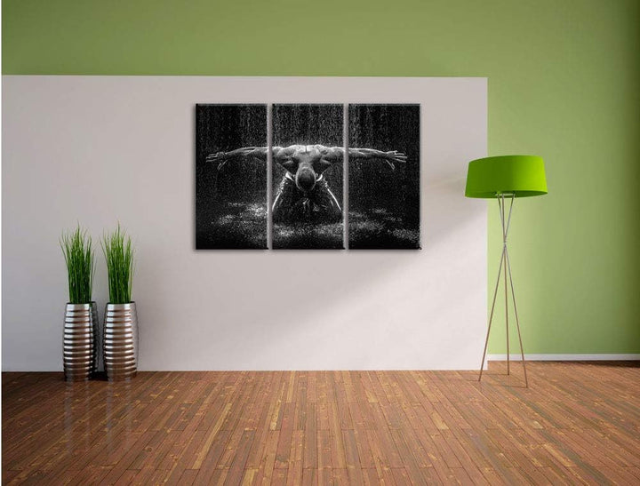 Pixxprint Bodybuilder im Regen 3-Teiler Leinwandbild 120x80 Bild auf Leinwand