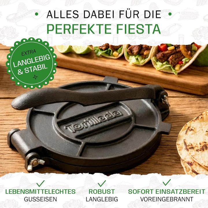 Tortillada - Premium Tortillapresse aus Gusseisen mit Rezepten (30 cm) 12 Inch