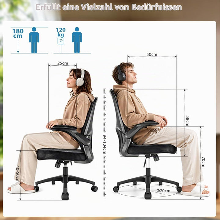 Durrafy Ergonomischer Bürostuhl, Schreibtischstuhl mit hochklappbaren Armlehnen, Verstellbarer Lende