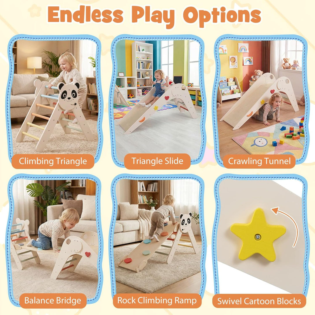 FANTASK Kletterdreiecke Indoor 3er Set, Klappbares Klettergerüst Holz mit Rutsche, Rampe & Kletterle