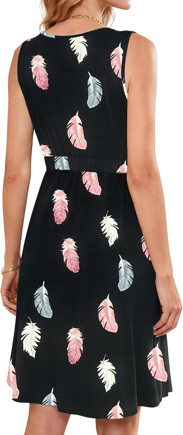 AUSELILY Sommerkleid Damen Ärmellos V-Ausschnitt Minikeid Casual Button Down Strandkleid mit Taschen