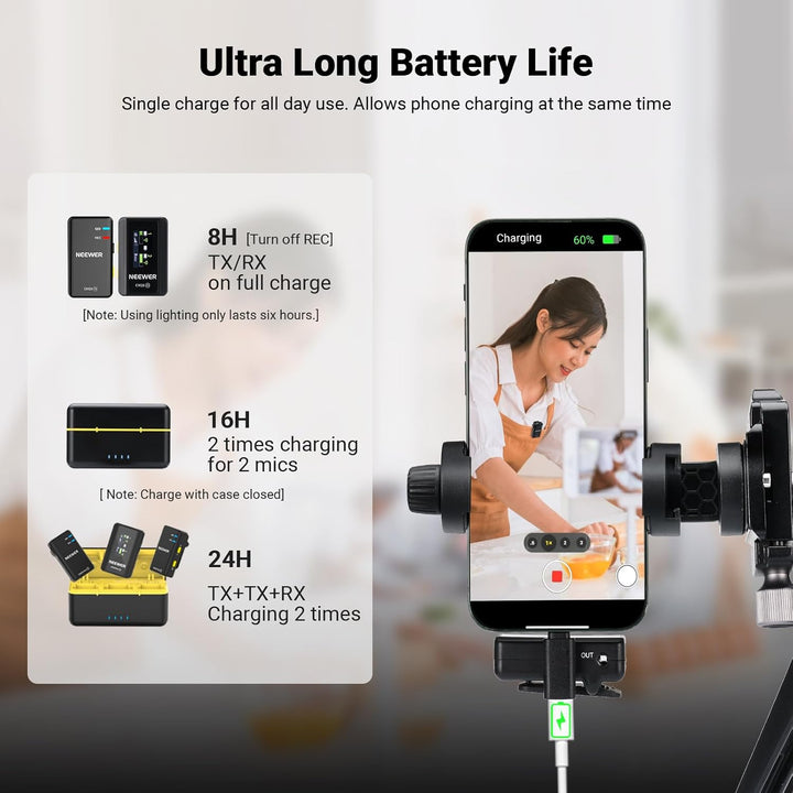 NEEWER CM28 Kabelloses Lavalier Mikrofonsystem mit Ladeetui, 1 klick Rauschunterdrückung, 4GB Speich