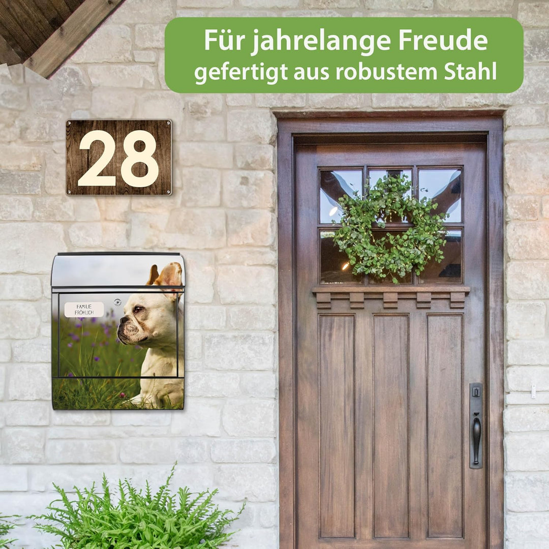 banjado® Design Briefkasten personalisiert Motiv Französische Bulldogge 39x47x14 &amp; 2 Schlüssel - Bri