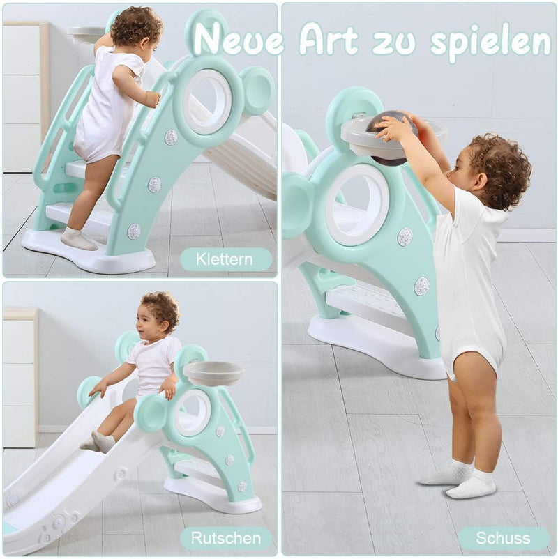 YOLEO Rutsche, Kinder Fun-Slide mit Basketballkorb, Faltbar Kinderrutsche, Gartenrutsche Kleinkinder